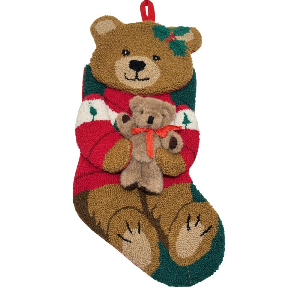 Crystal Snow Christmas Stocking 18" Looped Textured Teddy Bear Holding Plush